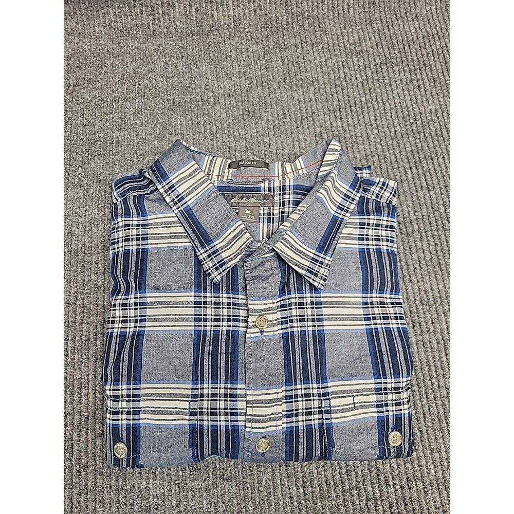 Eddie Bauer Mens 2XL‎ Classic Fit Short Sleeve Plaid Button Down Shirt Blue Gray